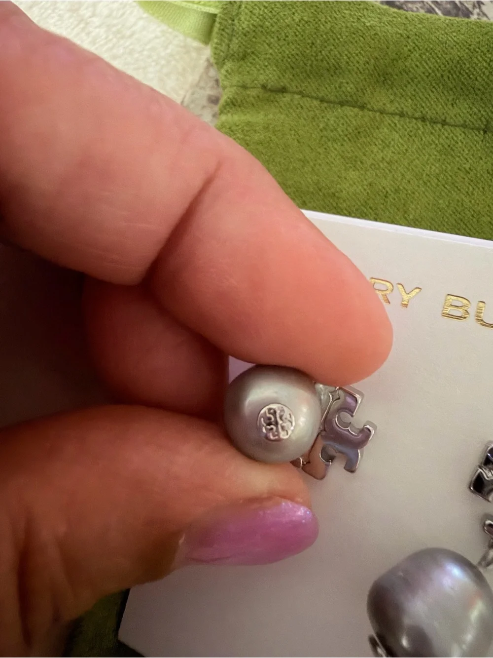 Tory Burch Silver Tone Logo Pearl Drop Earrings